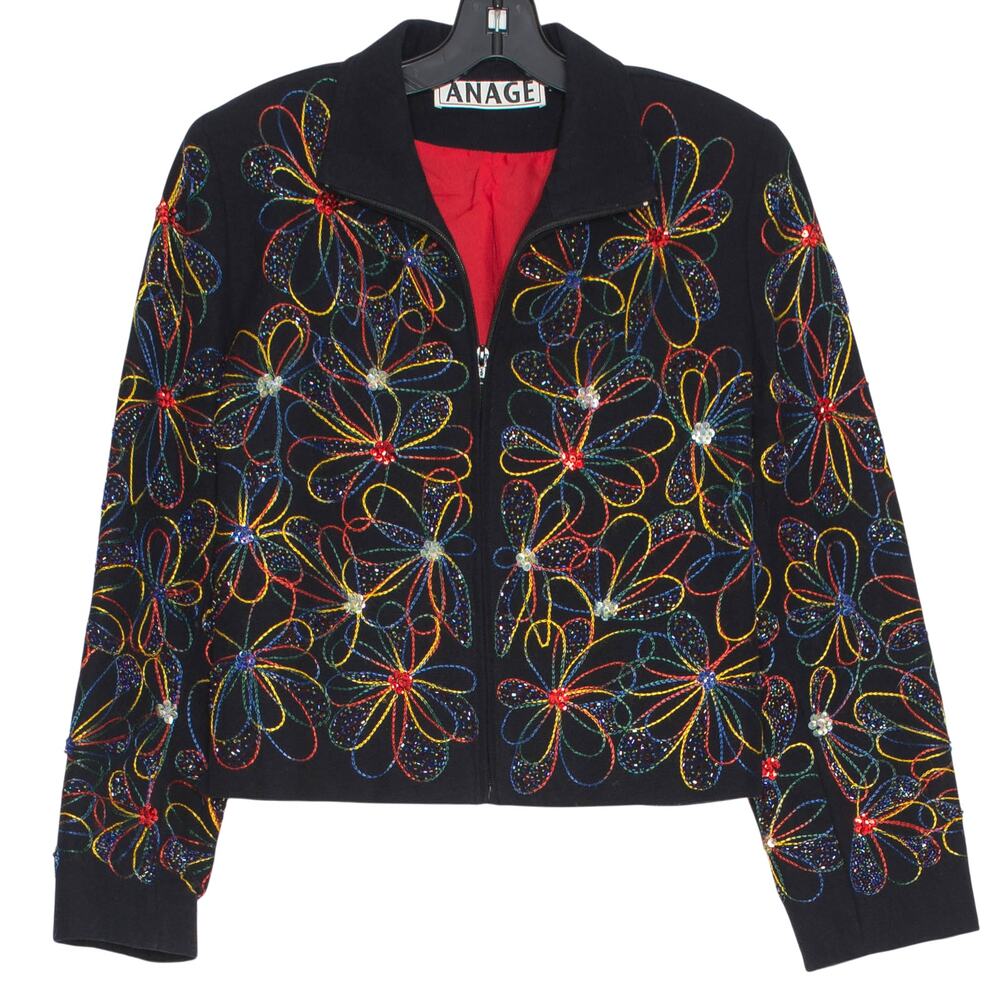 Vintage 80s Jacket Black Embroidered Beaded Floral Zip XS Maximalist Art To Wear